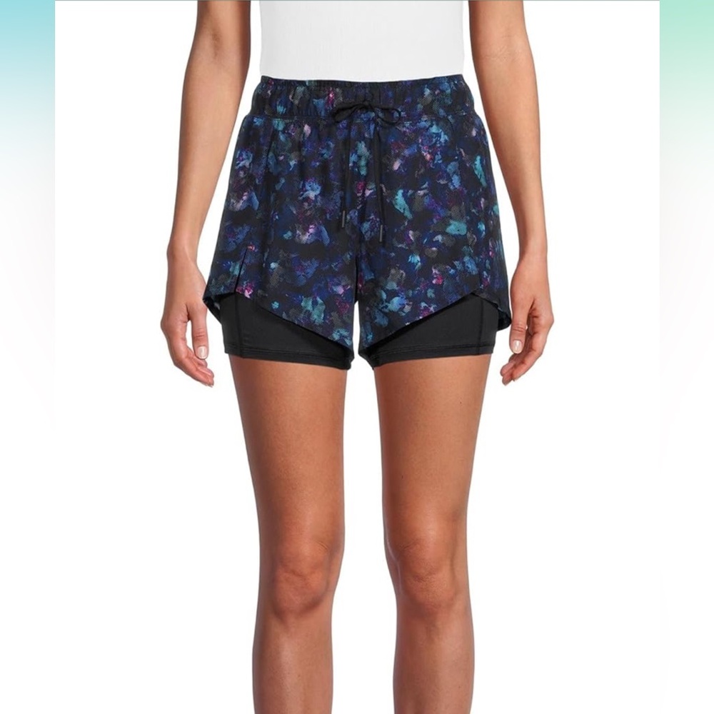 Avía black colorful floral print smocked drawstring waist workout shorts sz M